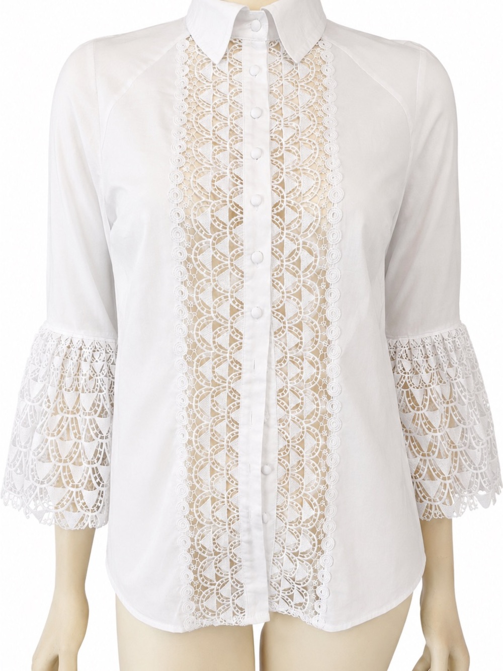 Catherine Malandrino White Lace-Panel Button Down Blouse